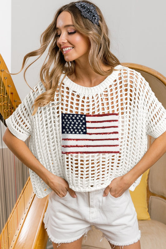 SEQUIN AMERICAN FLAG PATCH NET SWEATER TOP
