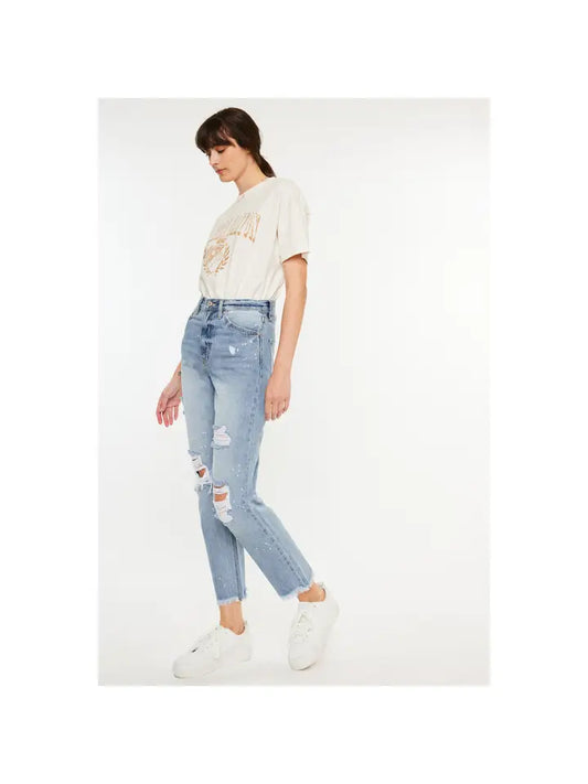 Risen High Rise-Straight-Knee Distressed Long Jeans