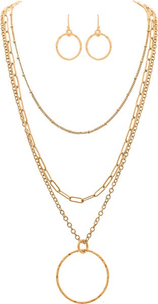 Gold Circle Pendant 3 Chain Necklace Set