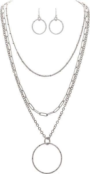Silver Circle Pendant 3 Chain Necklace Set