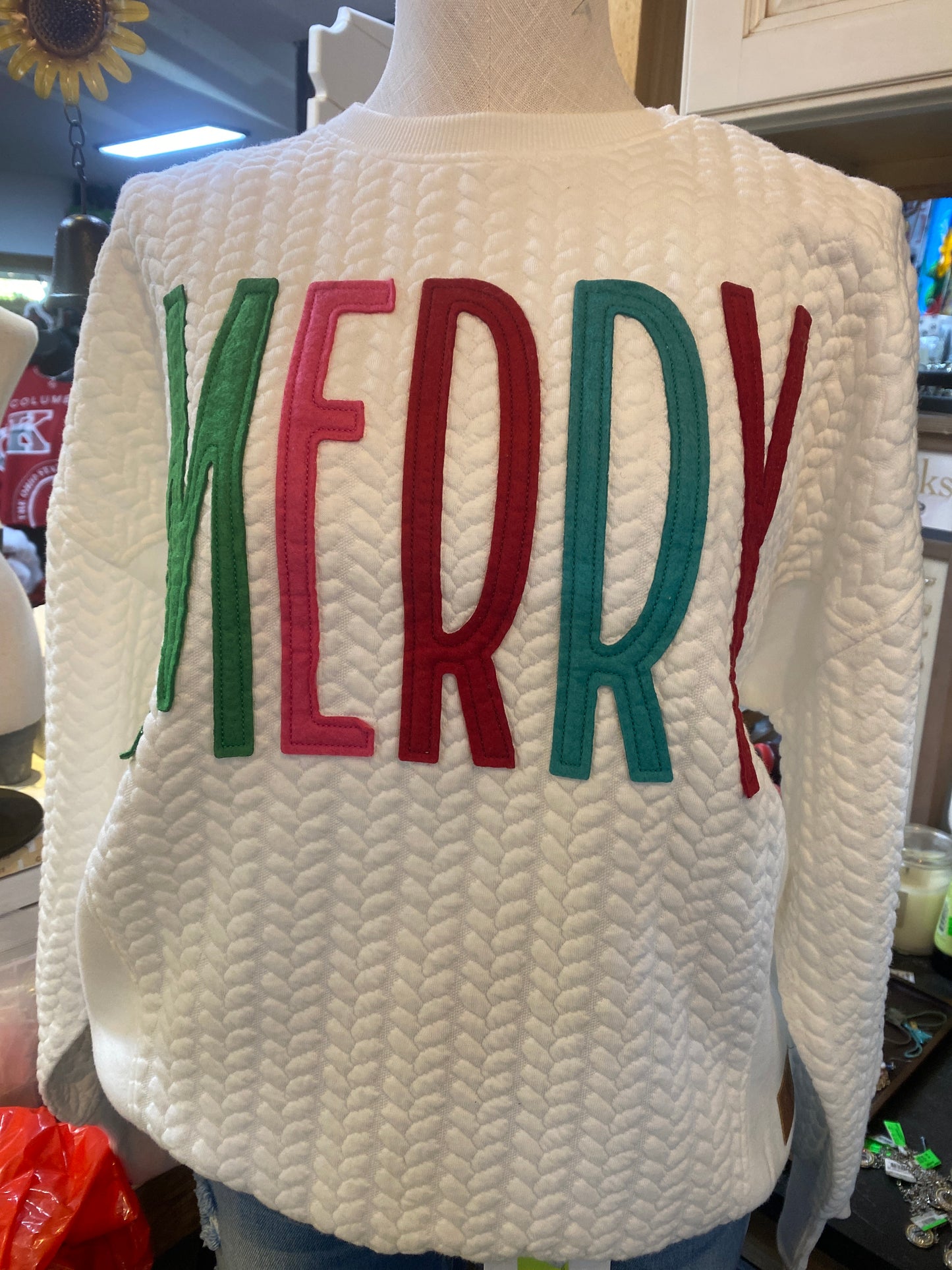 Merry Tall Applique Long Sleeve Crew-Neck Oversized Pieced Fleece