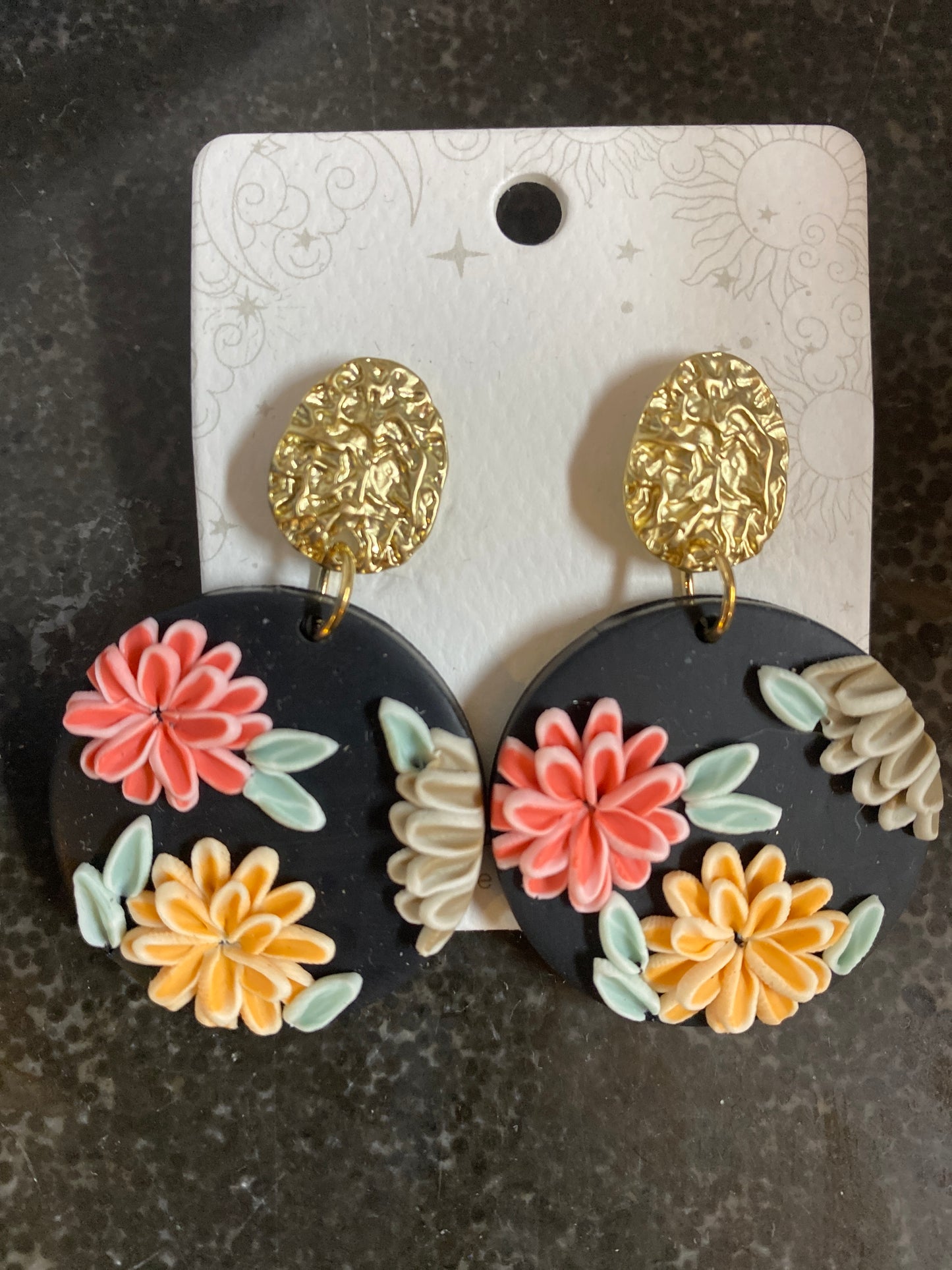 Black Floral Polymer Gold Accent Earrings