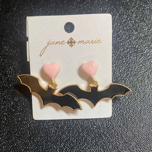 Pink Heart Black Bat Earrings