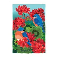 Bluebird in Red Geraniums Applique Garden Flag
