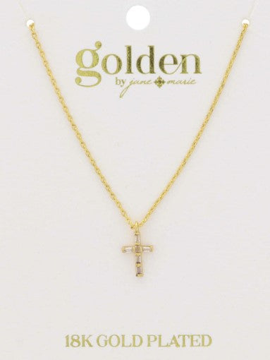 18K GOLD PLATED BAGUETTE CRYSTAL CROSS NECKLACE