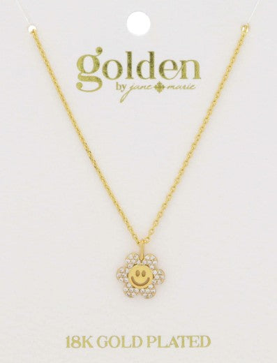 18K GOLD PLATED CRYSTAL PAVE AND GOLD HAPPY FACE FLOWER NECKLACE