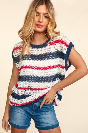 Striped Netted Crochet Sweater Knit Top