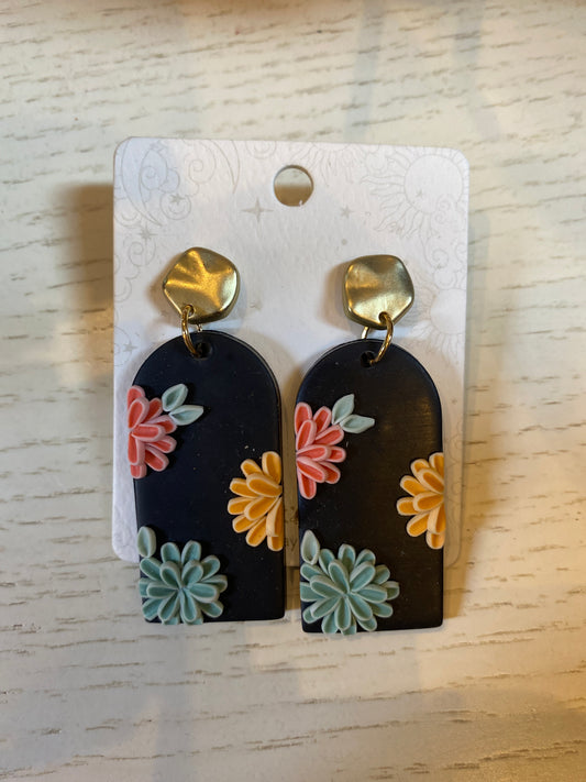 Black Floral Polymer Gold Accent Earrings