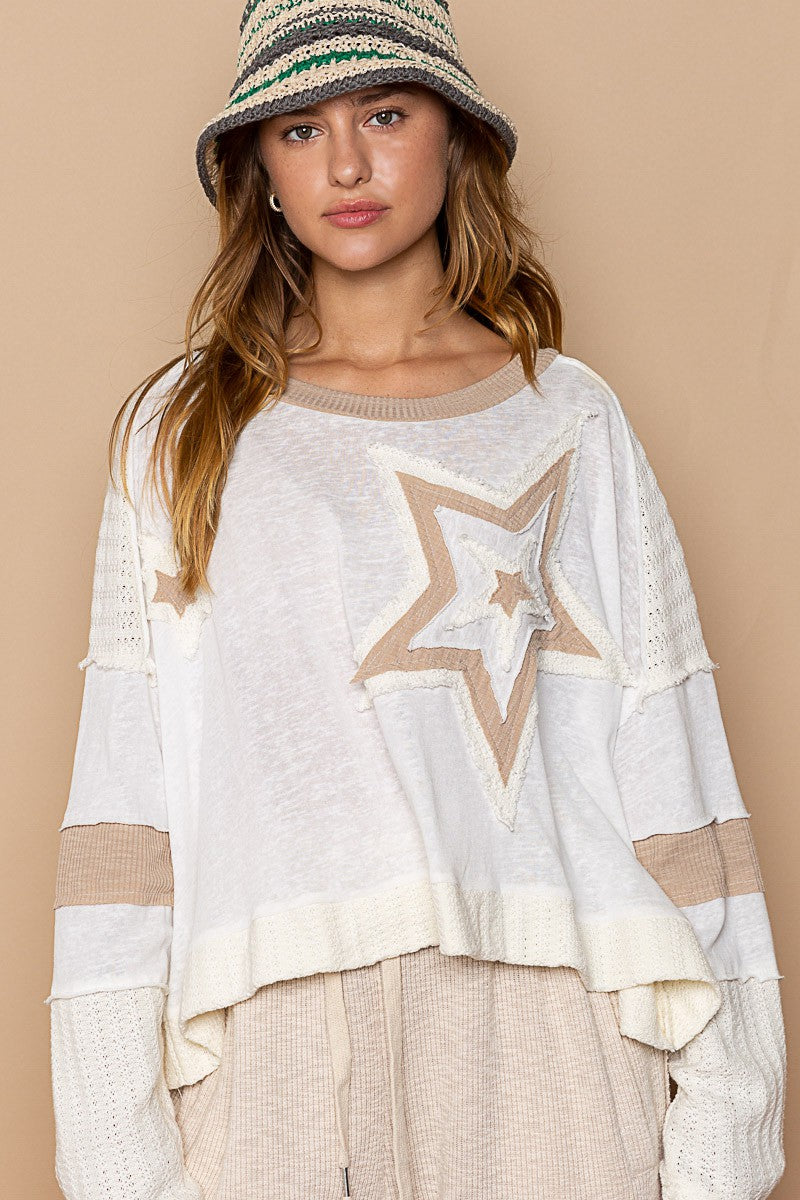 Star Patched Long Sleeve Cropped Knit Top