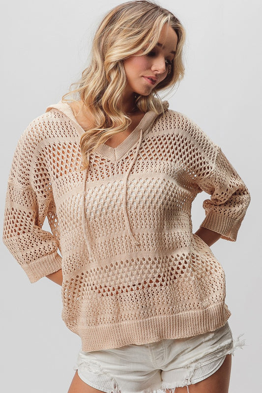 Open Knit V-Neck Hooded Lightweight Cover Up