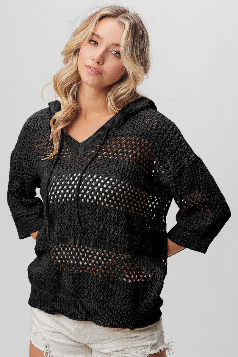 Open Knit V-Neck Hooded Lightweight Cover Up