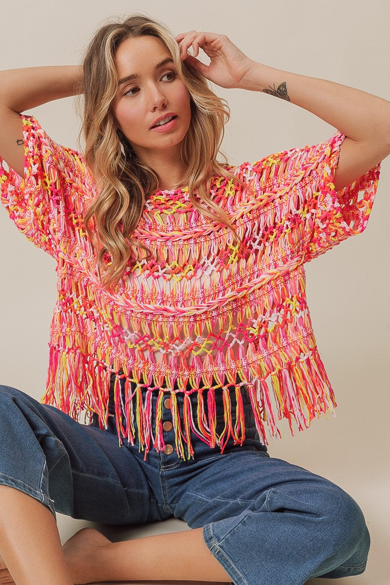 Burnt Orange MULTI COLORS OPEN KNIT FRINGED COVER UP