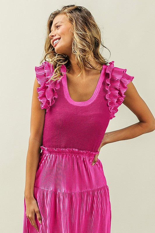 Layered Ruffle Sleeve Scoop Neck Pleated Texture Dress