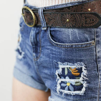 Floral Stitch Oval Buckle Belt: Camel