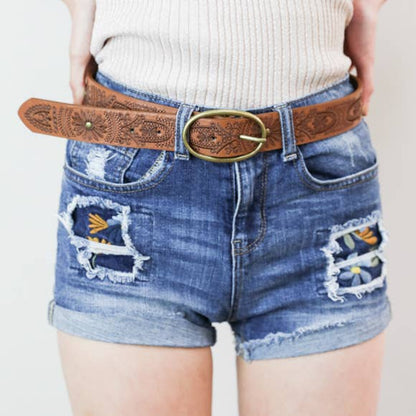 Floral Stitch Oval Buckle Belt: Camel