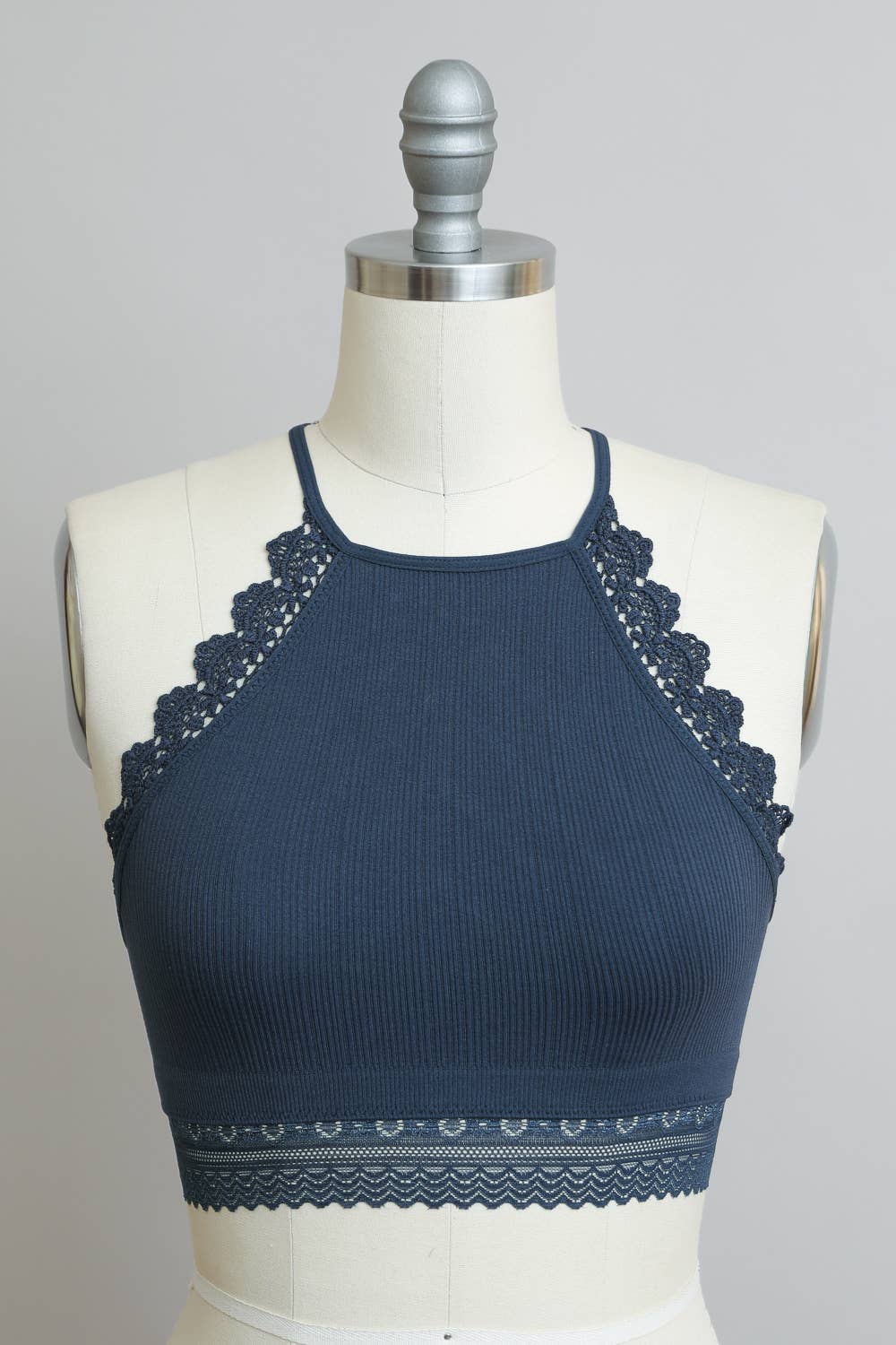 High Neck Crochet Lace Trim Bralette: Black