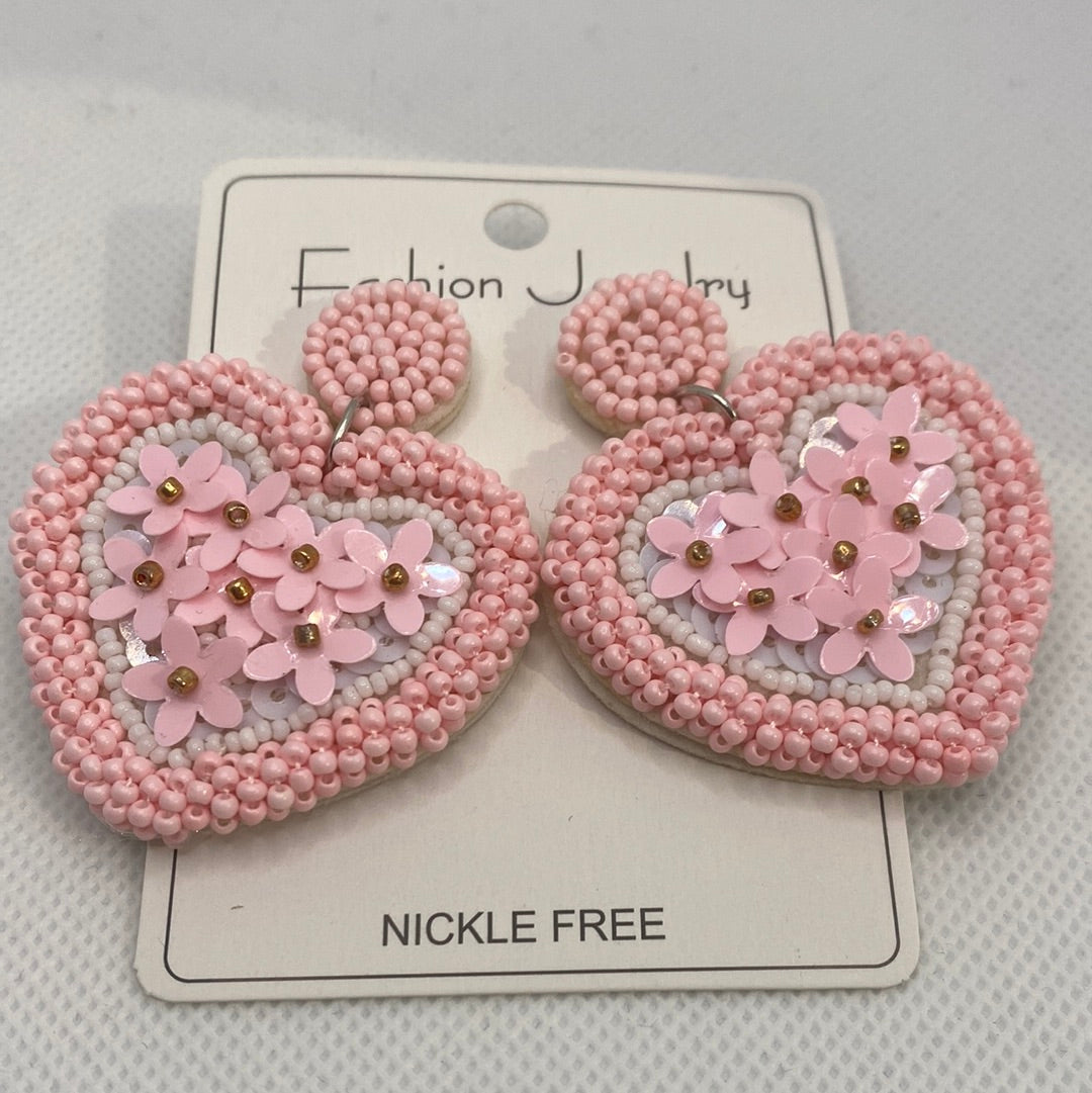 Valentine Pink Flower Beaded Heart Earrings