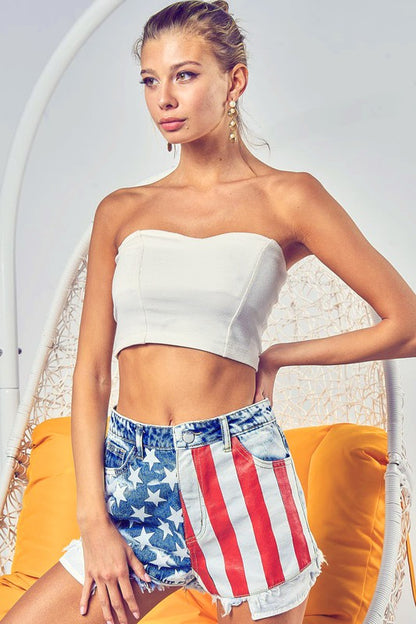 4th of July Print Bleached Denim Shorts