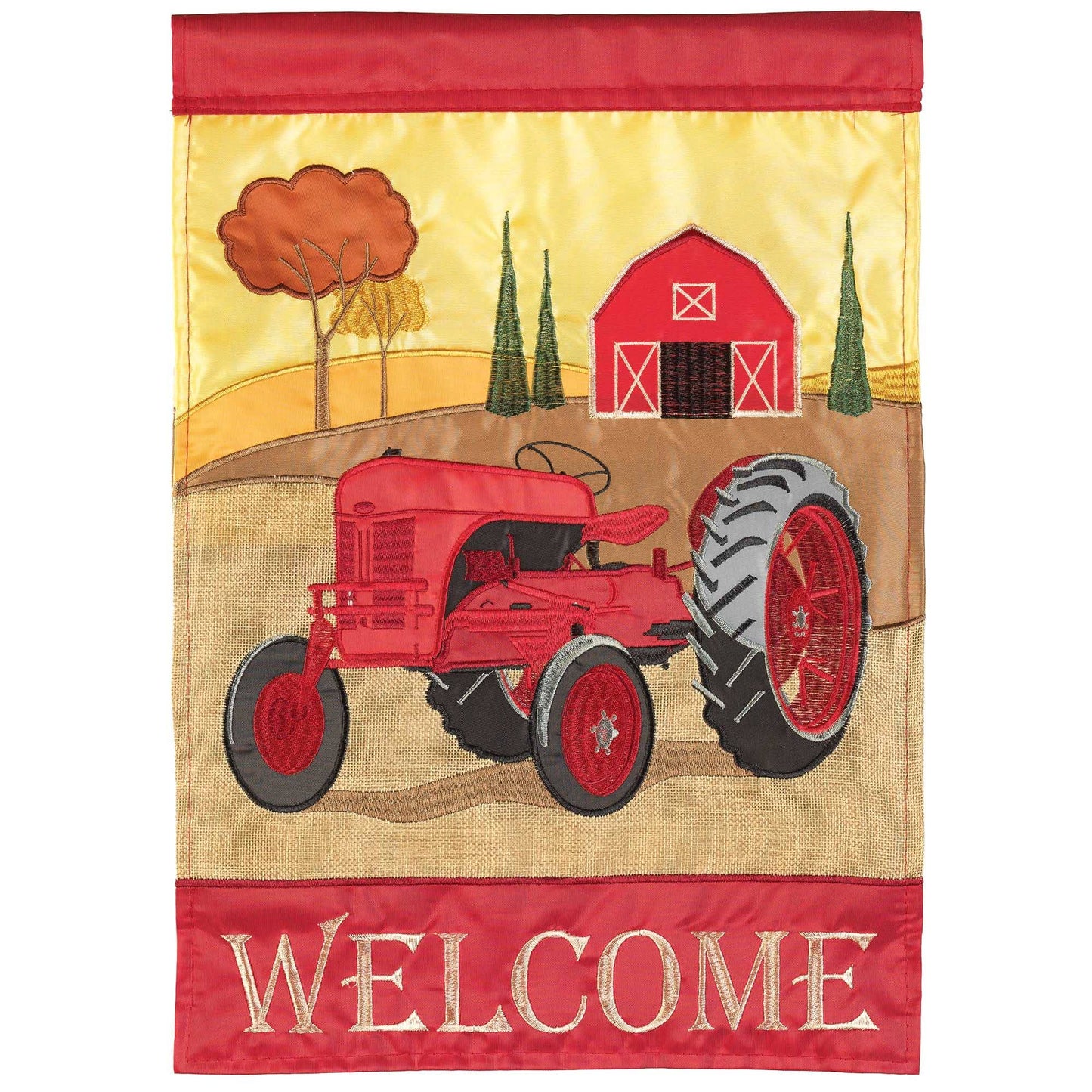 Magnolia - WELCOME FALL RED TRACTOR FLAG BURLAP