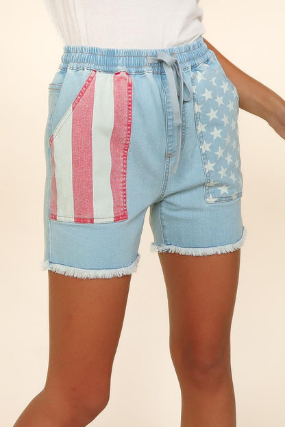 High Rise Stars and Stripes Raw Edge Hem Shorts