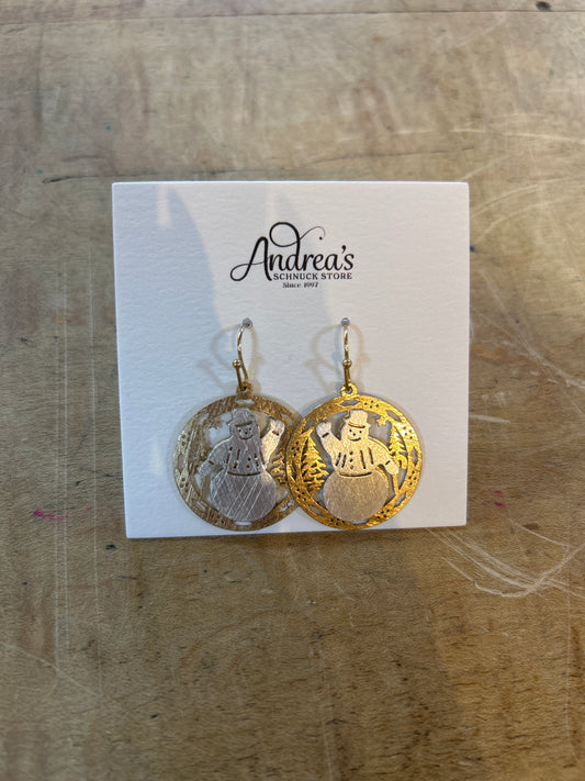 Gold Silver Engraved Snowman Earrings