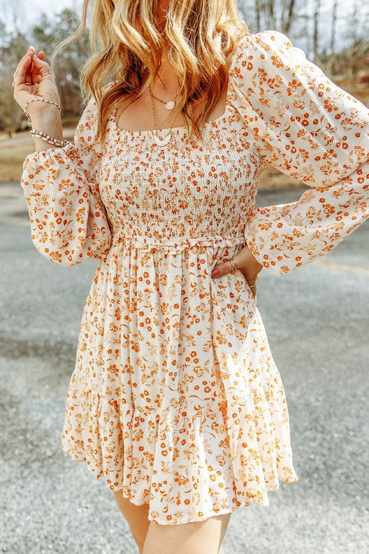 Autumn Apricot Boho Floral Smocked Puff Sleeve Mini Dress