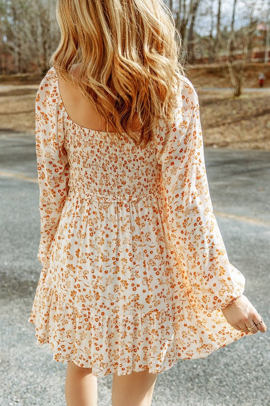 Autumn Apricot Boho Floral Smocked Puff Sleeve Mini Dress