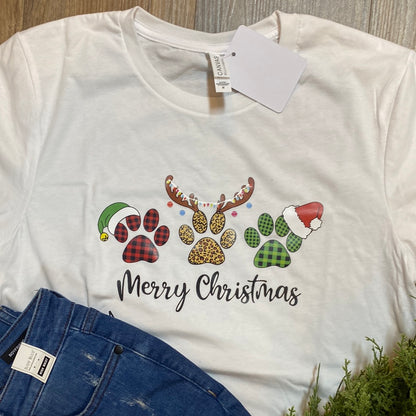 White Paw Print Merry Christmas Tee