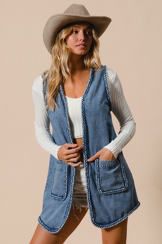 BRAIDED EDGE WASHED LONG OPEN VEST