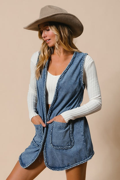 BRAIDED EDGE WASHED LONG OPEN VEST