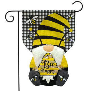 Bee Happy Gnome Sculpted Burlap Flag