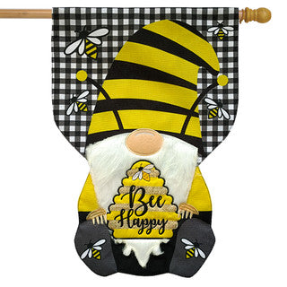 Bee Happy Gnome Sculpted Burlap Flag