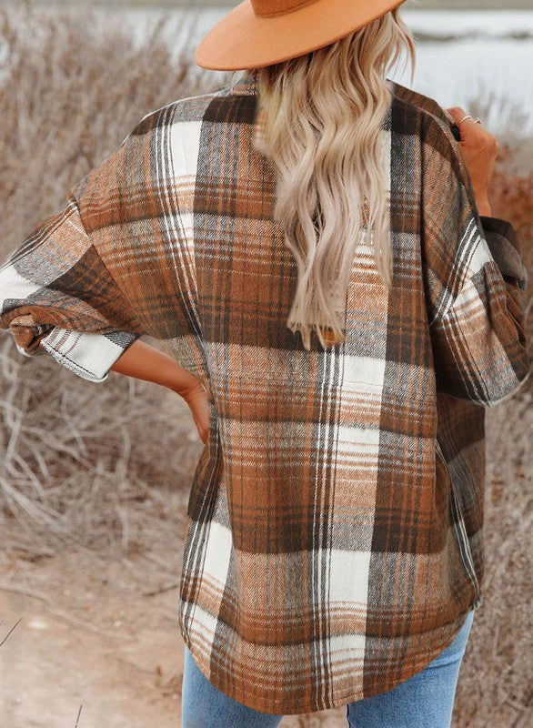 Brown Plaid Flap Pockets Shacket