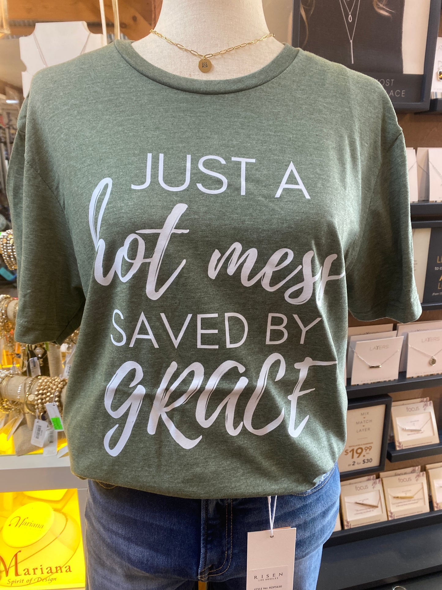 Just A Hot Mess Saved By Grace Tee (olive) (White)