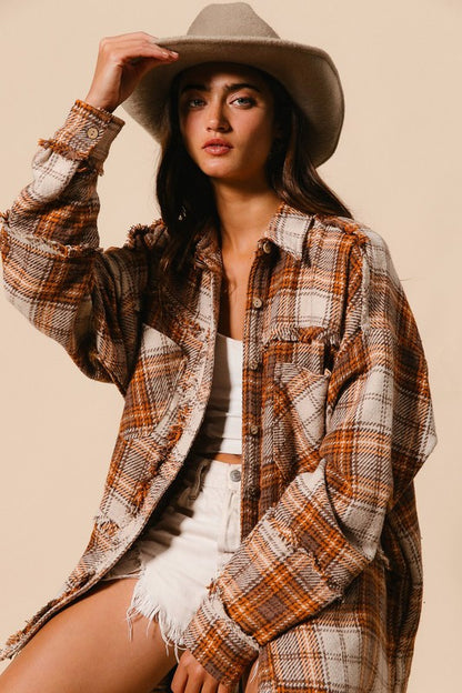 HANNAH CHECKED WOVEN FRAYED DEGE DETAIL SHACKET