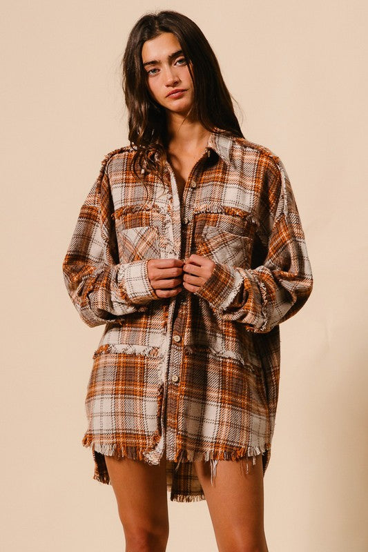 HANNAH CHECKED WOVEN FRAYED DEGE DETAIL SHACKET