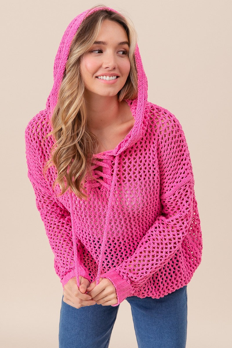 Crochet Knit Front Cross Strap Hoodie Top