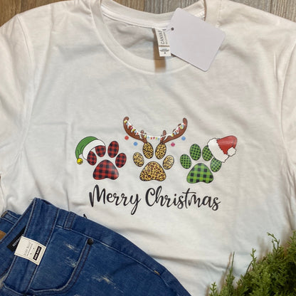 White Paw Print Merry Christmas Tee