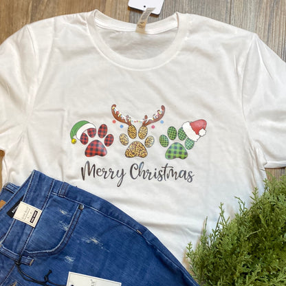 White Paw Print Merry Christmas Tee