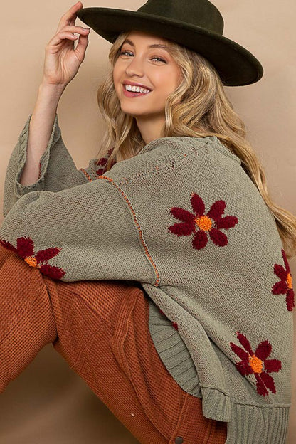 Olive V-neck floral pattern chenille pullover sweater