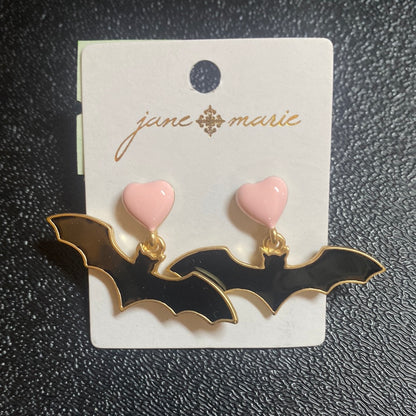 Pink Heart Black Bat Earrings