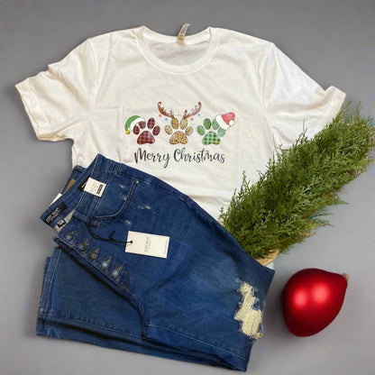 White Paw Print Merry Christmas Tee