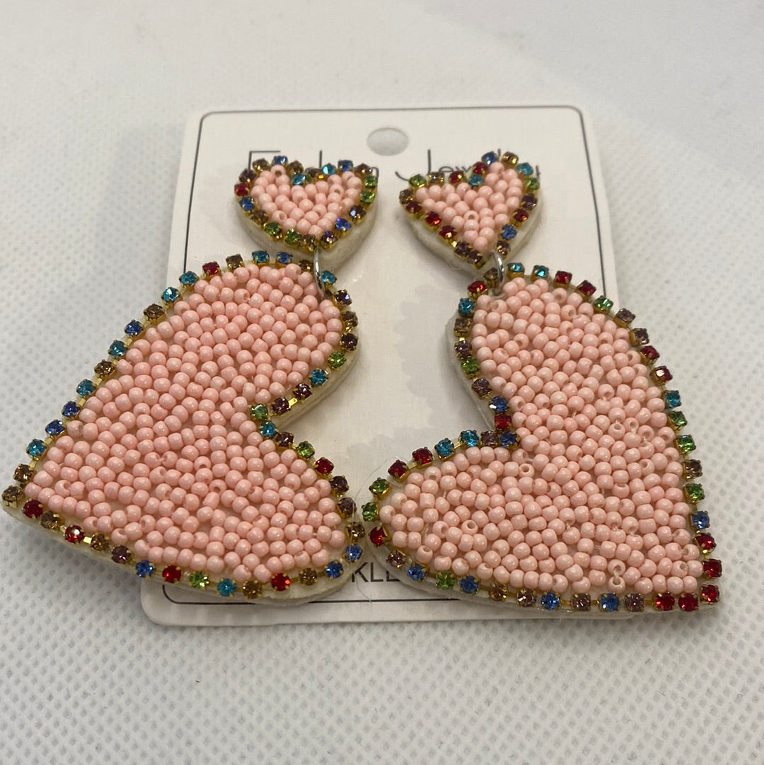 Valentine Pink Bead and Colored Crystal Heart Earrings