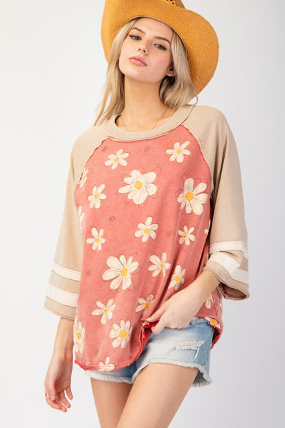 GEORGIA FLOWER PRINTED MINERAL WASHED TOP