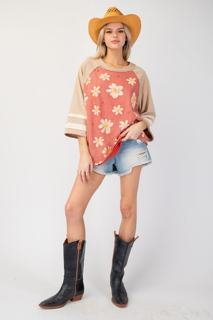 GEORGIA FLOWER PRINTED MINERAL WASHED TOP