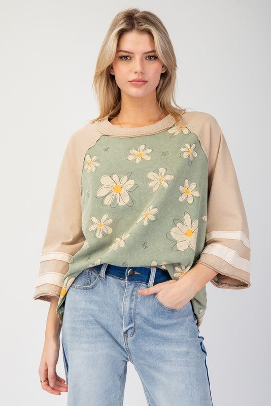 GEORGIA FLOWER PRINTED MINERAL WASHED TOP