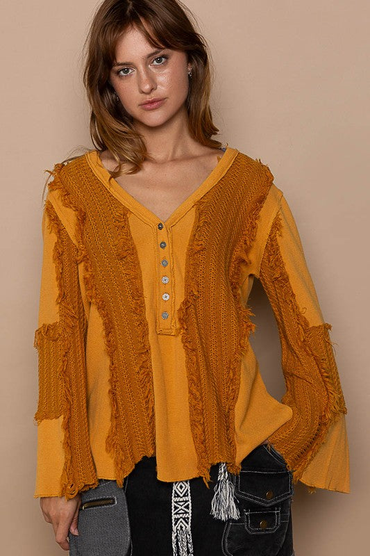 Flare Sleeve Contrast Panels V-Neck Knit Top !