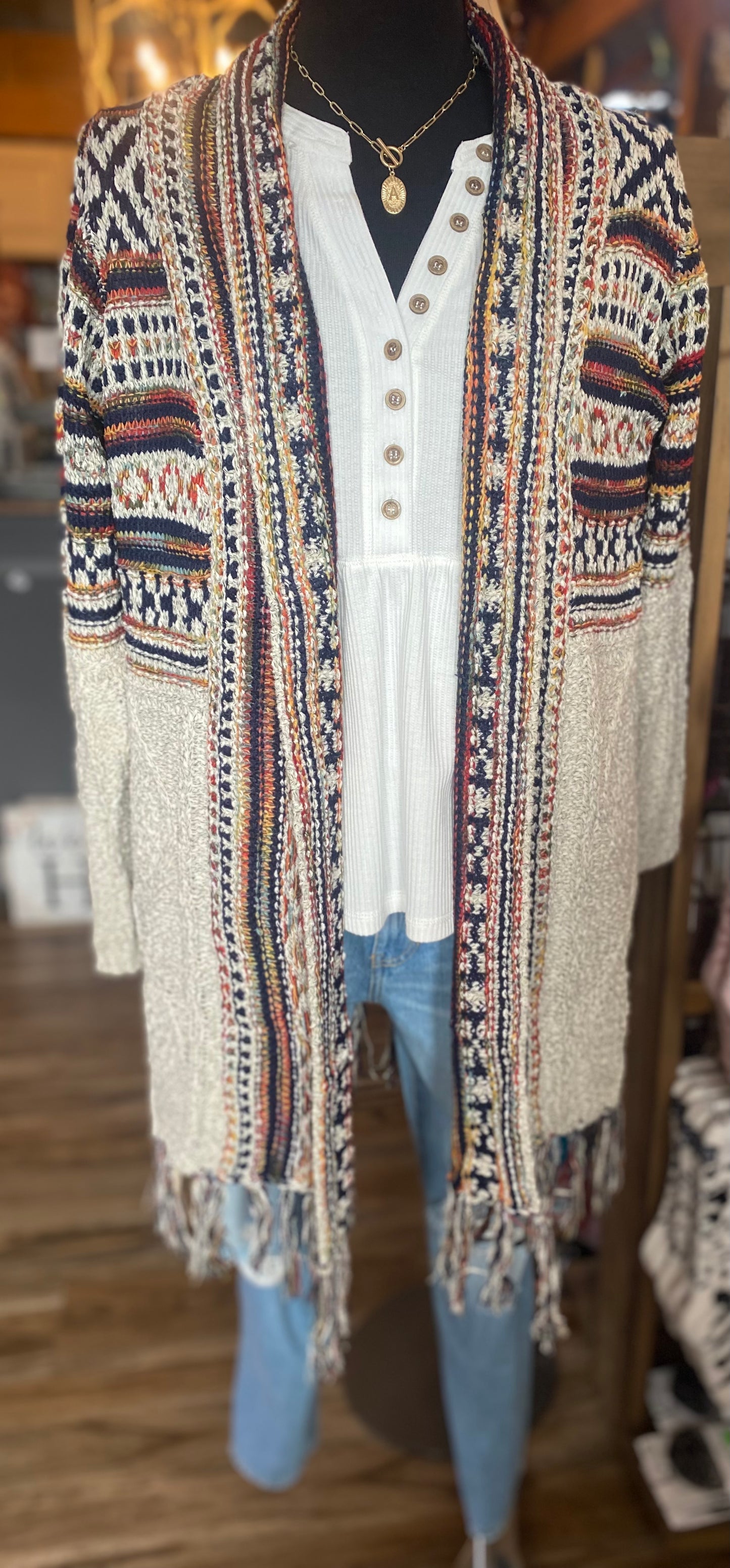 Upper Tribal Stripe Cardigan W/Fringe Beige