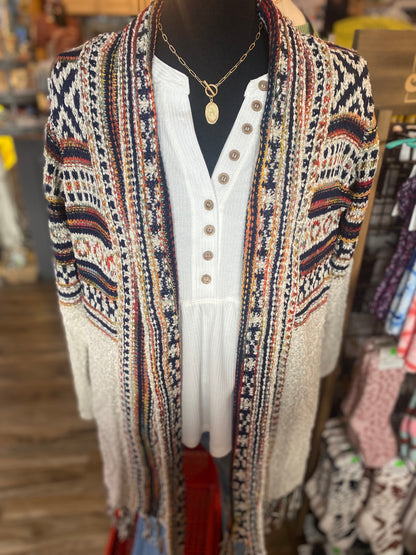 Upper Tribal Stripe Cardigan W/Fringe Beige