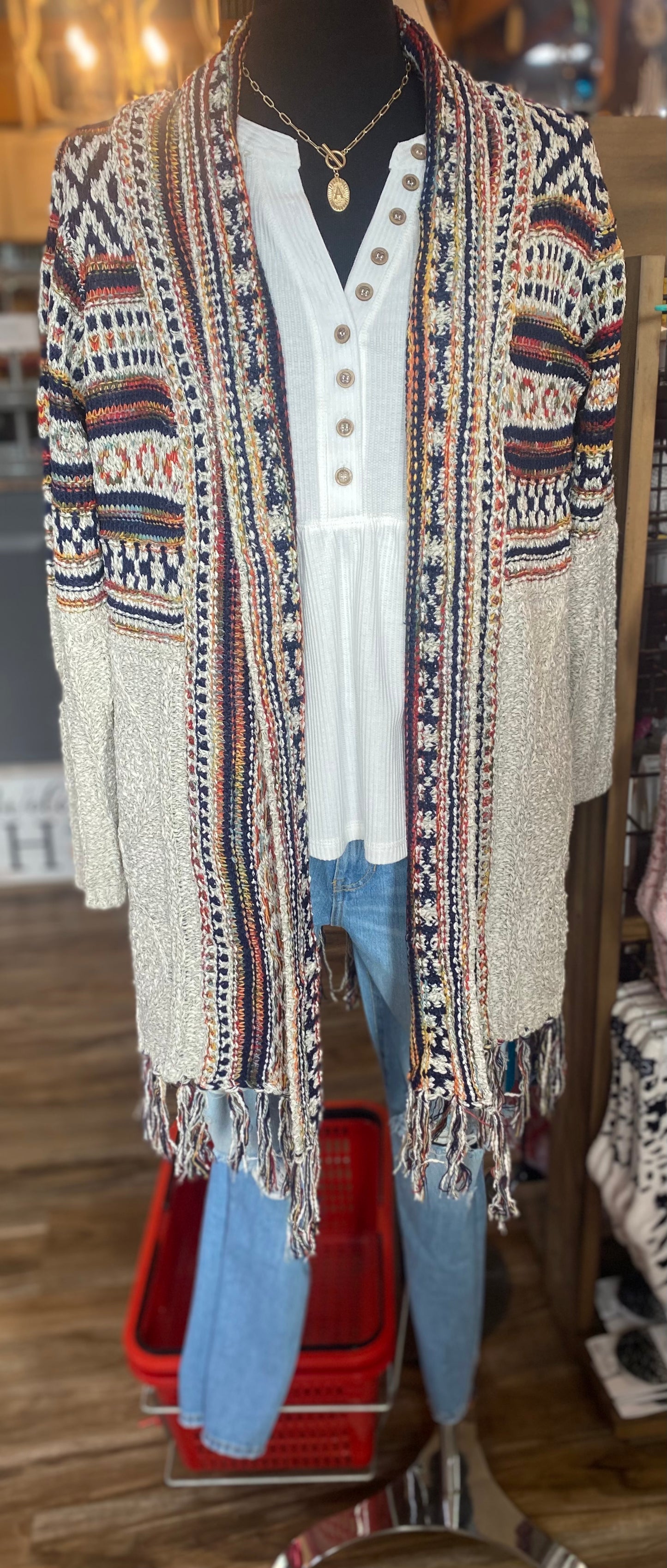 Upper Tribal Stripe Cardigan W/Fringe Beige